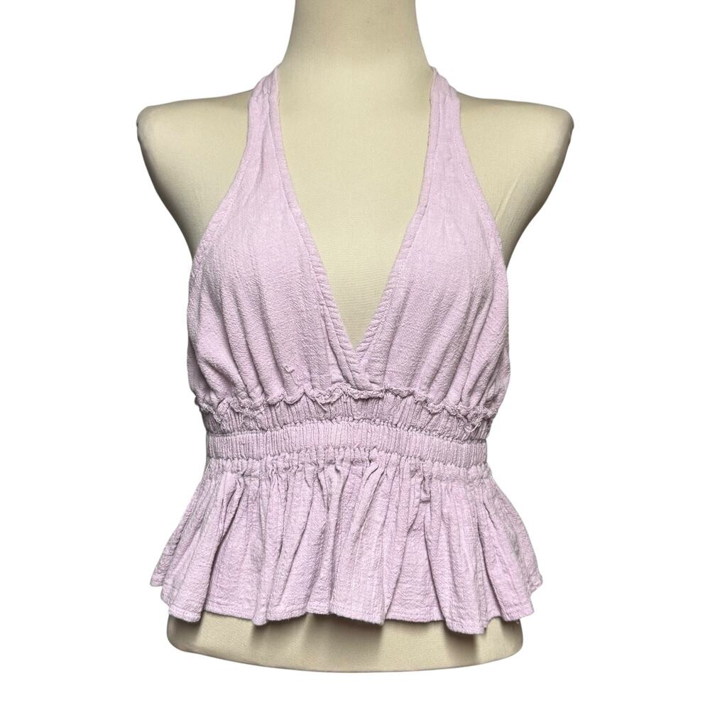 Ocean Drive Cotton Raw Edge Crinkle Gauzy Halter Top Lavender Purple Medium